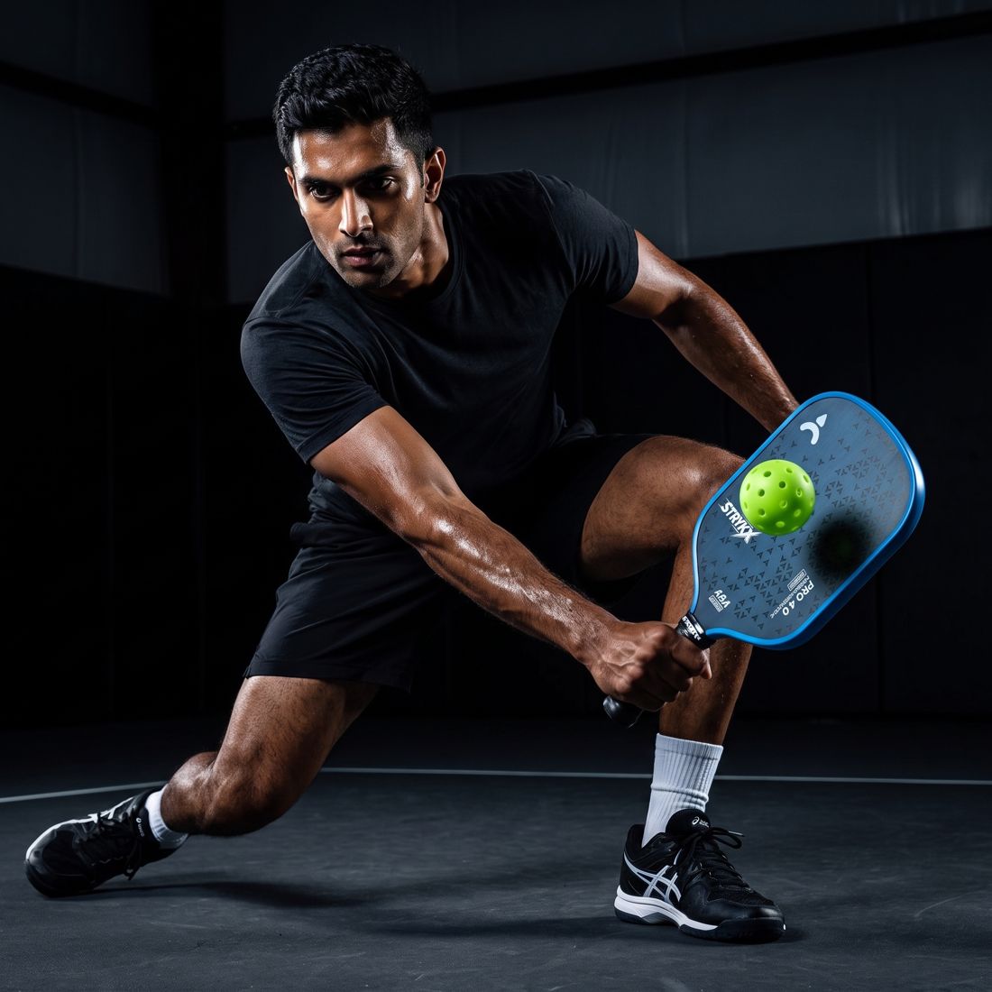 Player finishing an aggressive shot with a STRYKX Pro 4.0 paddle