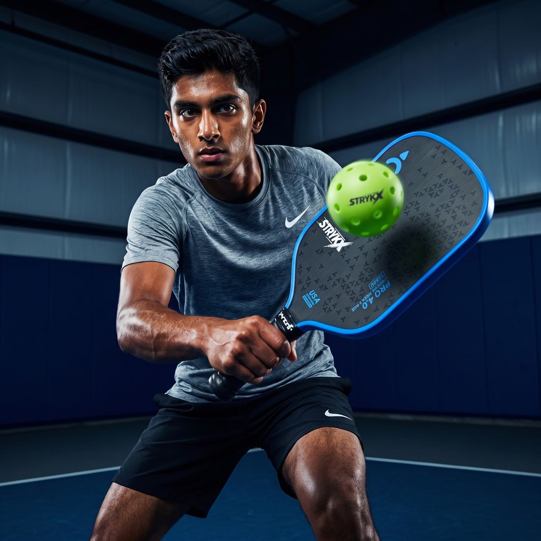 Player striking a pickleball with a spin-generating low-to-high swing