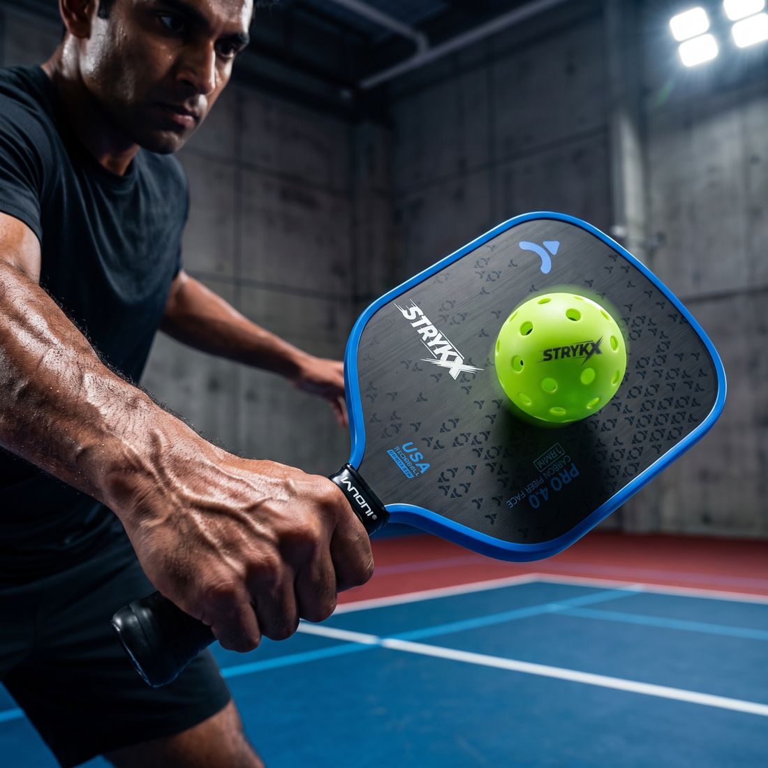 Close-up of paddle-to-ball contact showing spin brush technique